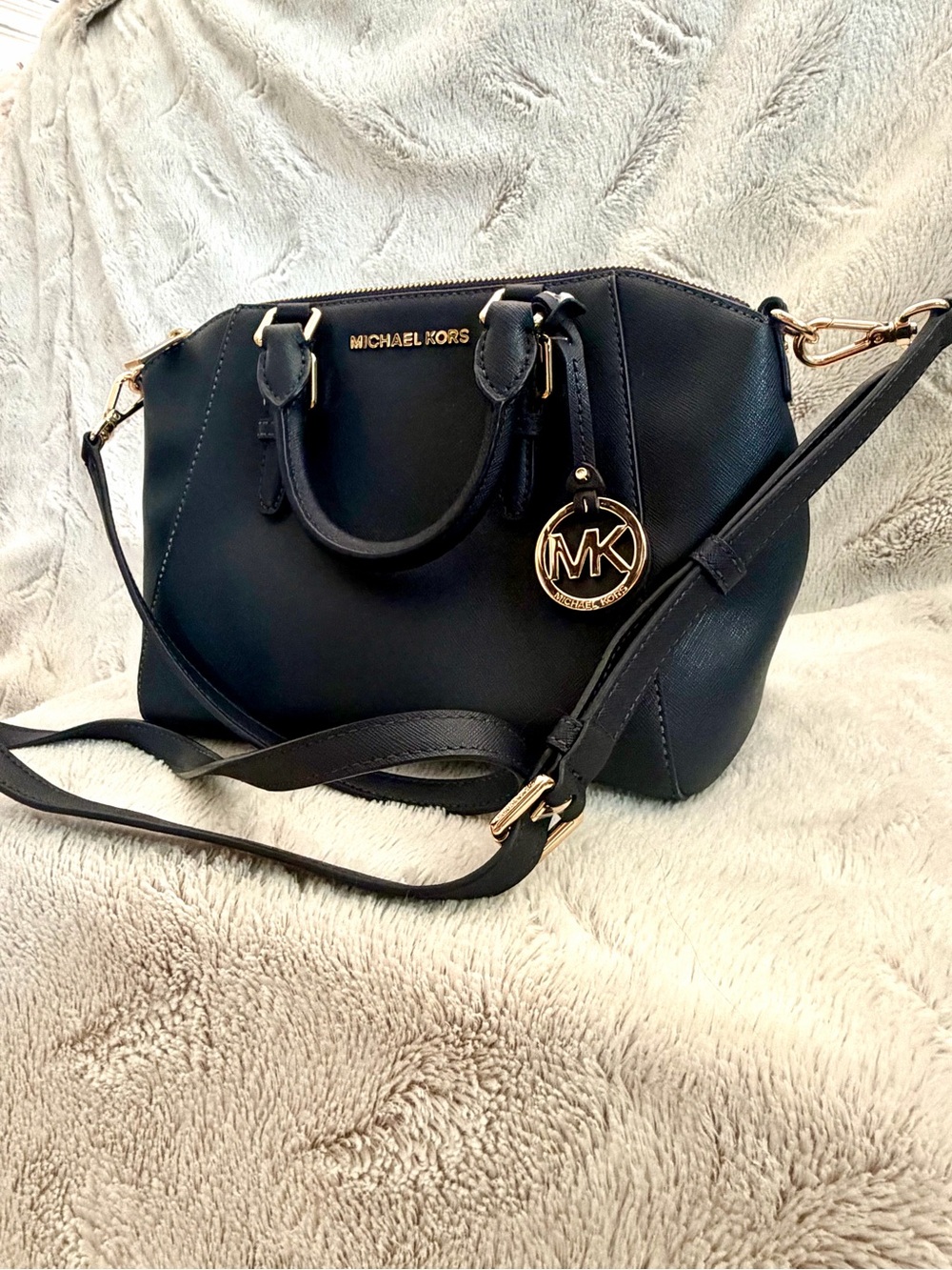Authentic Michael Kors Black Saffiano Satchel with Gold Hardware (smokers house)